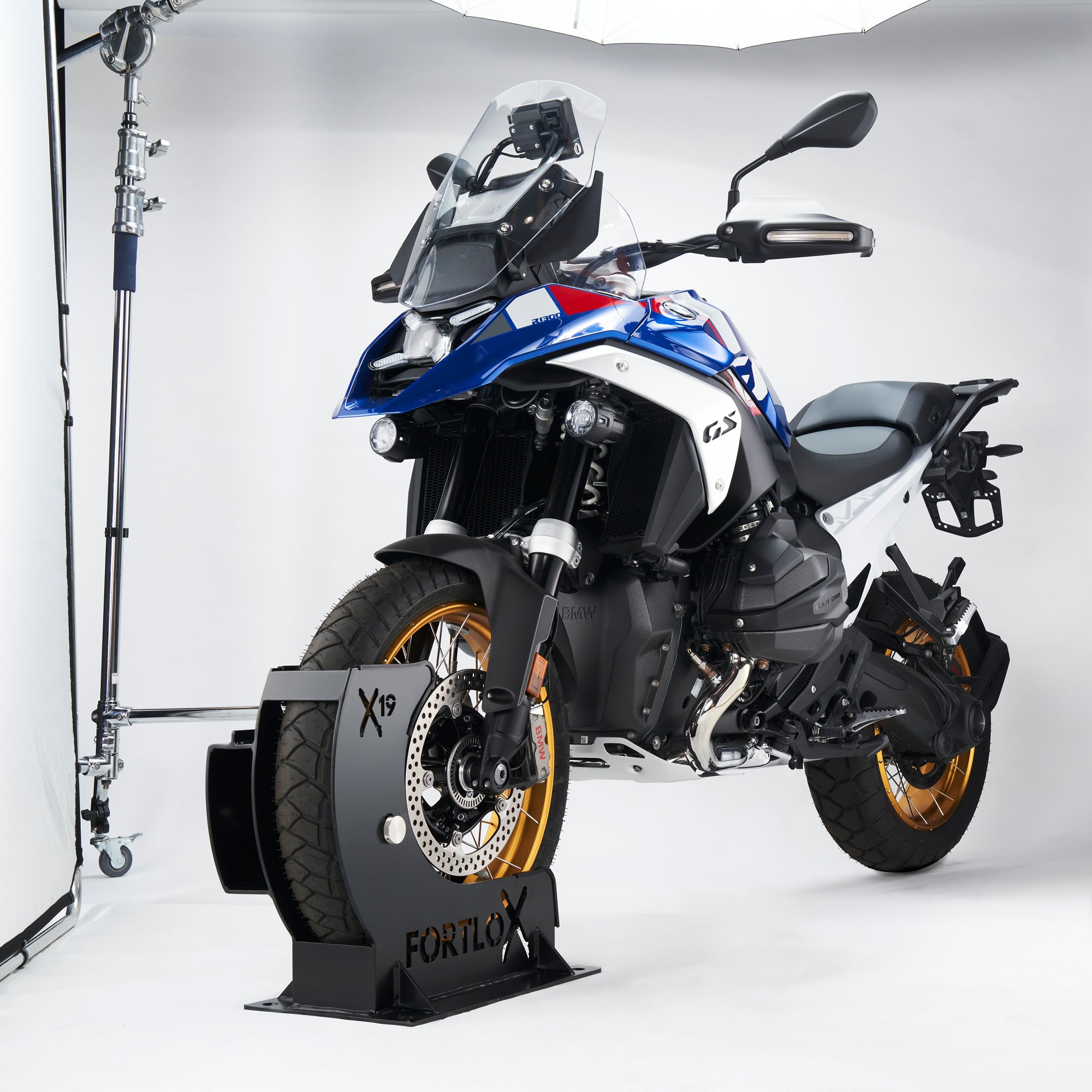 Fortlox Moto X19 Motorcycle Wheel Lock on a BMW GS